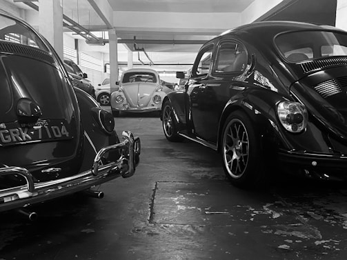A lineup of beautifully restored retro VWs gleaming under soft garage lighting.