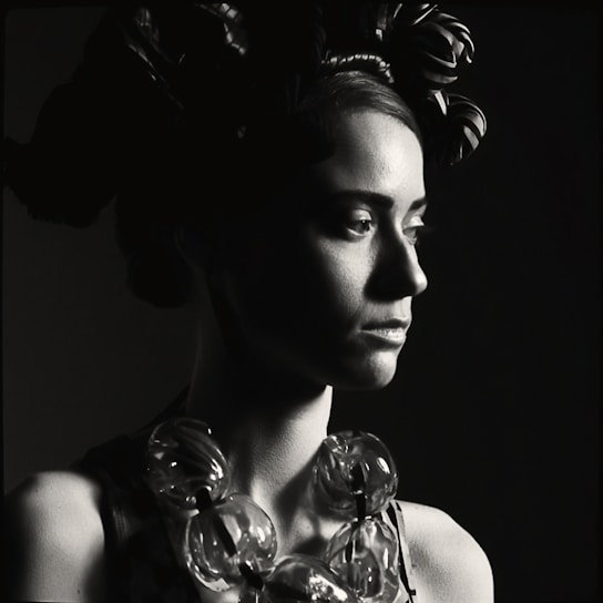 Portrait of Alba Chiara De Vitis in a minimalist, tech-luxe setting with geometric and neural network patterns softly glowing behind her.