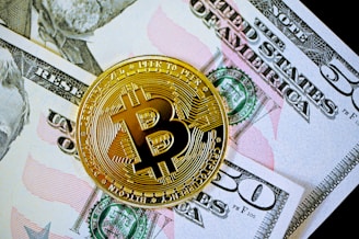 A gold-colored Bitcoin coin is placed on top of a fifty-dollar bill. The Bitcoin features the letter 'B' with intricate circuit-like patterns along its surface, symbolizing digital currency.