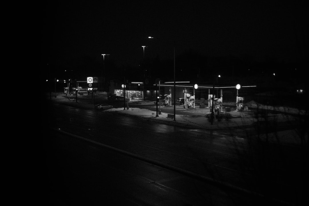 grayscale photo of street lights