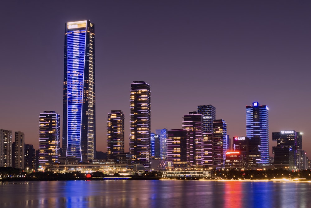 city skyline during night time