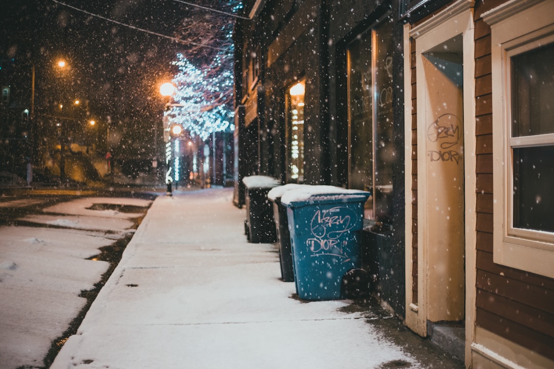 blue trash bin on sidewalk during night time