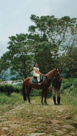 woman in white jacket riding brown horse during daytime