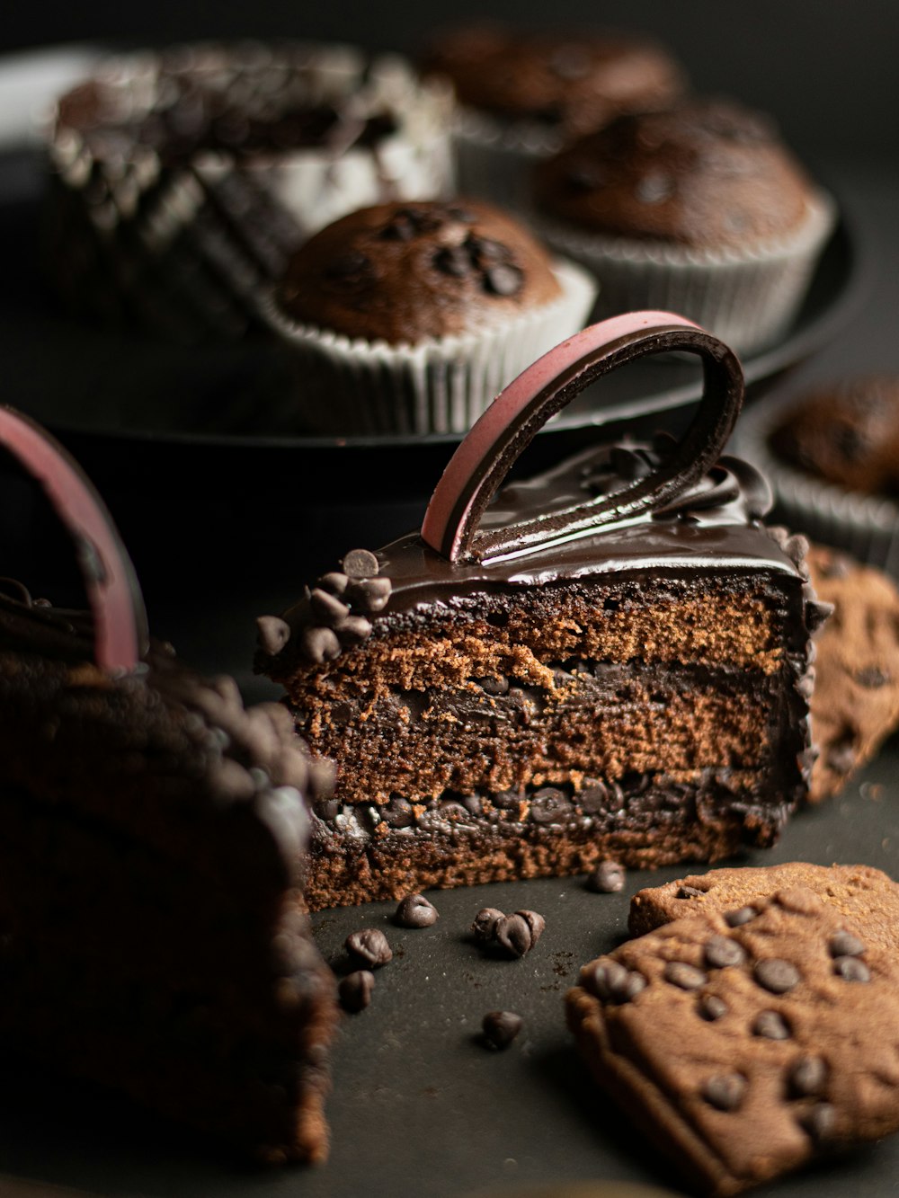 chocolate cake with white icing on top