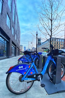 Several blue rental bikes are neatly lined up on a docking station along a city street. The bikes are branded with 'Bluebikes' and signs for 'Massachusetts'. Directly beside the bike station, tall modern buildings stretch into the sky, and bare trees add a wintry touch as they stand along the sidewalk. The sky has a slightly overcast appearance with grayish-blue tones.