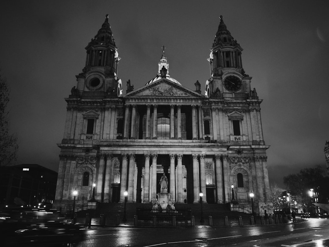 grayscale photo of building during night time