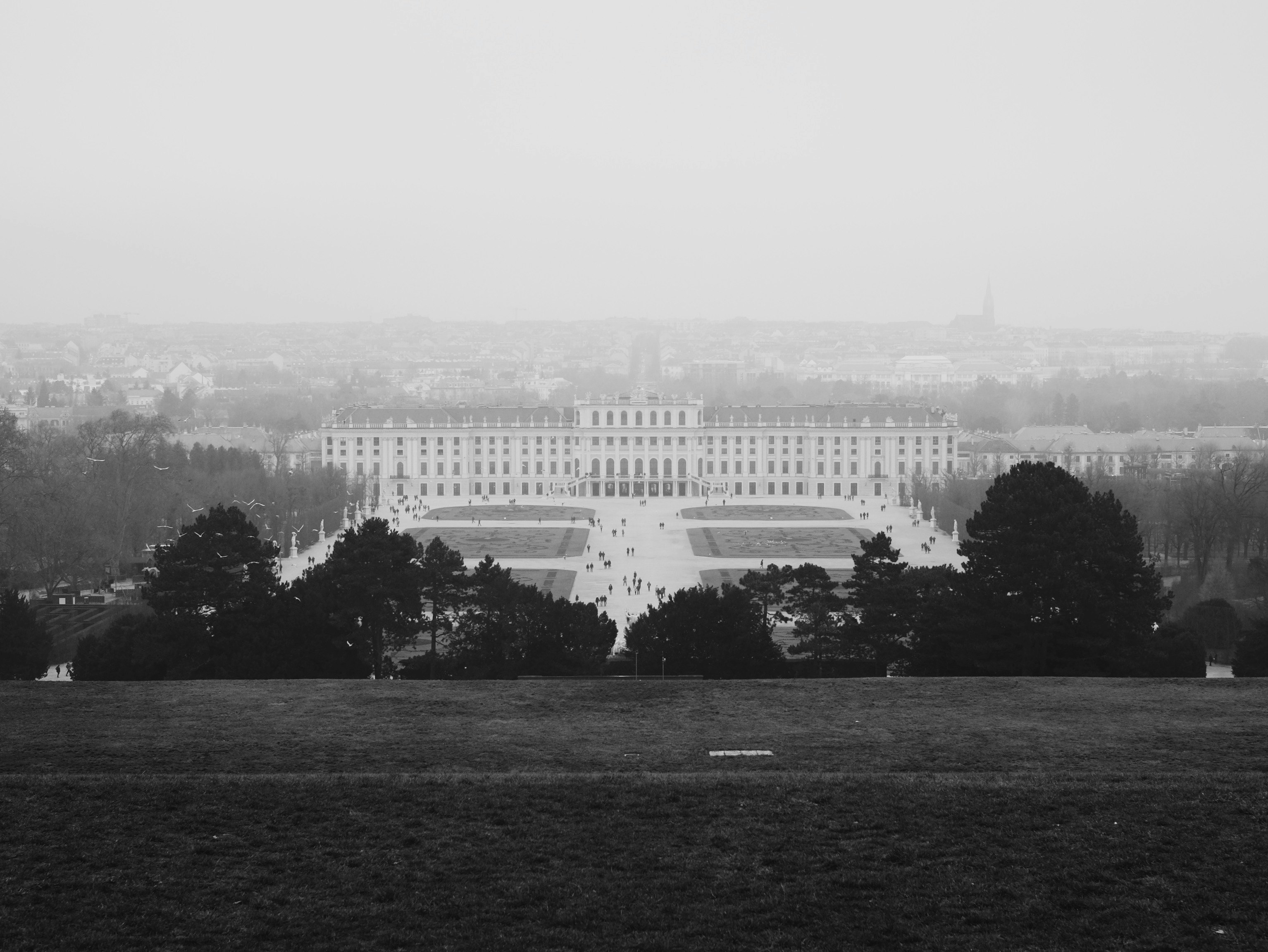 grayscale photo of building near trees