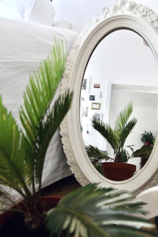 Close-up of an artisanal Moroccan mirror with intricate woodwork, reflecting soft terracotta walls and olive green plants.
