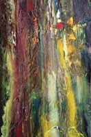 Close-up of a layered oil painting showing deep textures and vibrant colors.