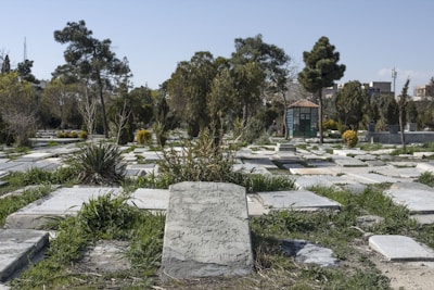 A cemetery with numerous tombstones arranged in neat rows, surrounded by green grass and a few scattered trees. In the background, a small building with a tiled roof and glass walls is visible, against a clear blue sky.