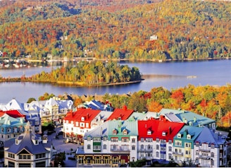 A vibrant village is nestled by a serene lake, surrounded by lush, dense forests in autumn hues of orange, yellow, and green. The buildings in the village feature colorful rooftops in shades of red, blue, and green, creating a picturesque and lively scene against the natural landscape.