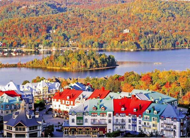 A vibrant village is nestled by a serene lake, surrounded by lush, dense forests in autumn hues of orange, yellow, and green. The buildings in the village feature colorful rooftops in shades of red, blue, and green, creating a picturesque and lively scene against the natural landscape.