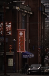 A street scene in Chinatown featuring a brick building with a vertical sign with the word 'Chinatown' in both English and Chinese characters. Red lanterns hang from a pole next to the building. A person is walking near a parked car under dim lighting, suggesting an overcast day.