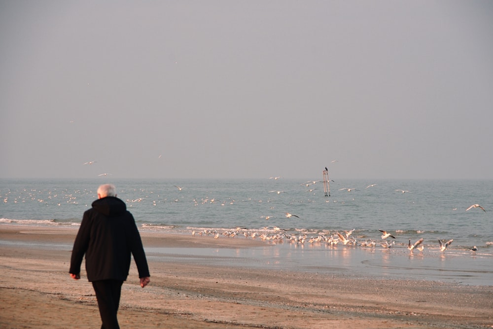 man in black jacket walking on beach during daytime