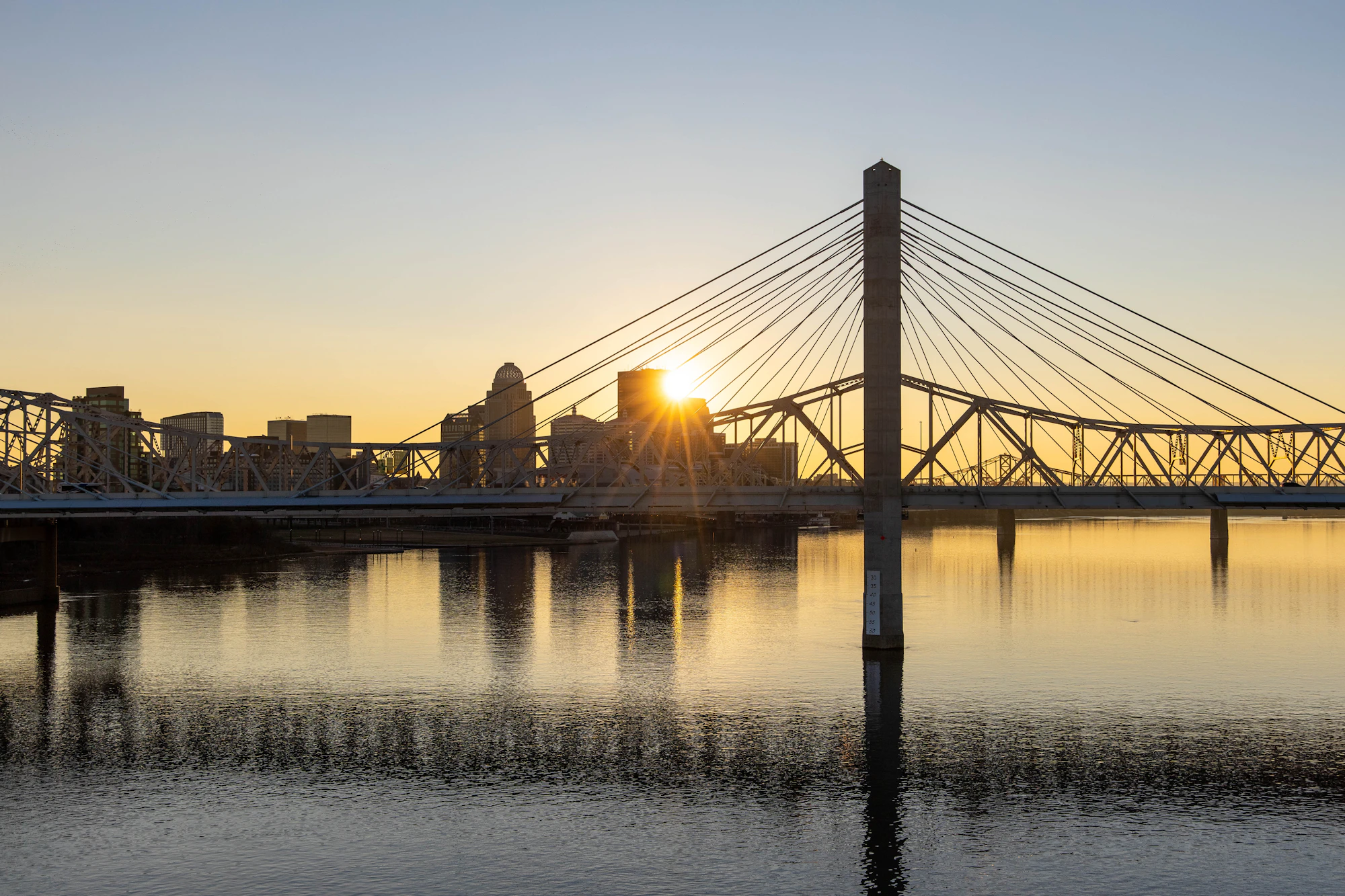 Louisville, Kentucky skyline at sunset over the Ohio River
