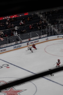 A hockey game in progress with players in action on the ice rink. The stadium seating shows a crowd watching the match, and advertisements line the rink's perimeter.
