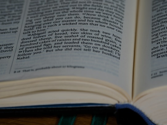 An open page of a book revealing text in a clear serif font. The lighting casts a soft shadow over the pages, creating a calm and studious ambiance. The book appears to be well-kept with visible columns of text.