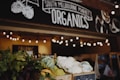 Fresh produce, including leafy greens and cauliflower, is displayed in wooden crates outside a market stall. The sign above reads 'South Melbourne Market Organics.' Ambient string lights hang, creating a warm and inviting atmosphere.