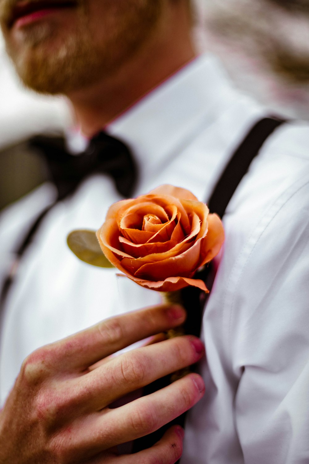 man in white dress shirt holding red rose