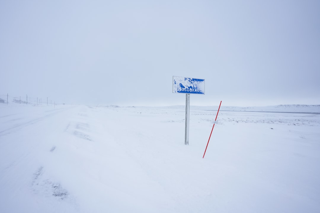blue and white road sign on snow covered ground