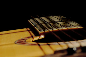 Close-up of a well-worn guitar fretboard under moody lighting, highlighting strings and frets.