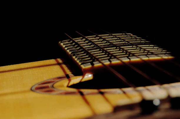 Close-up of a well-worn guitar fretboard under moody lighting, highlighting strings and frets.
