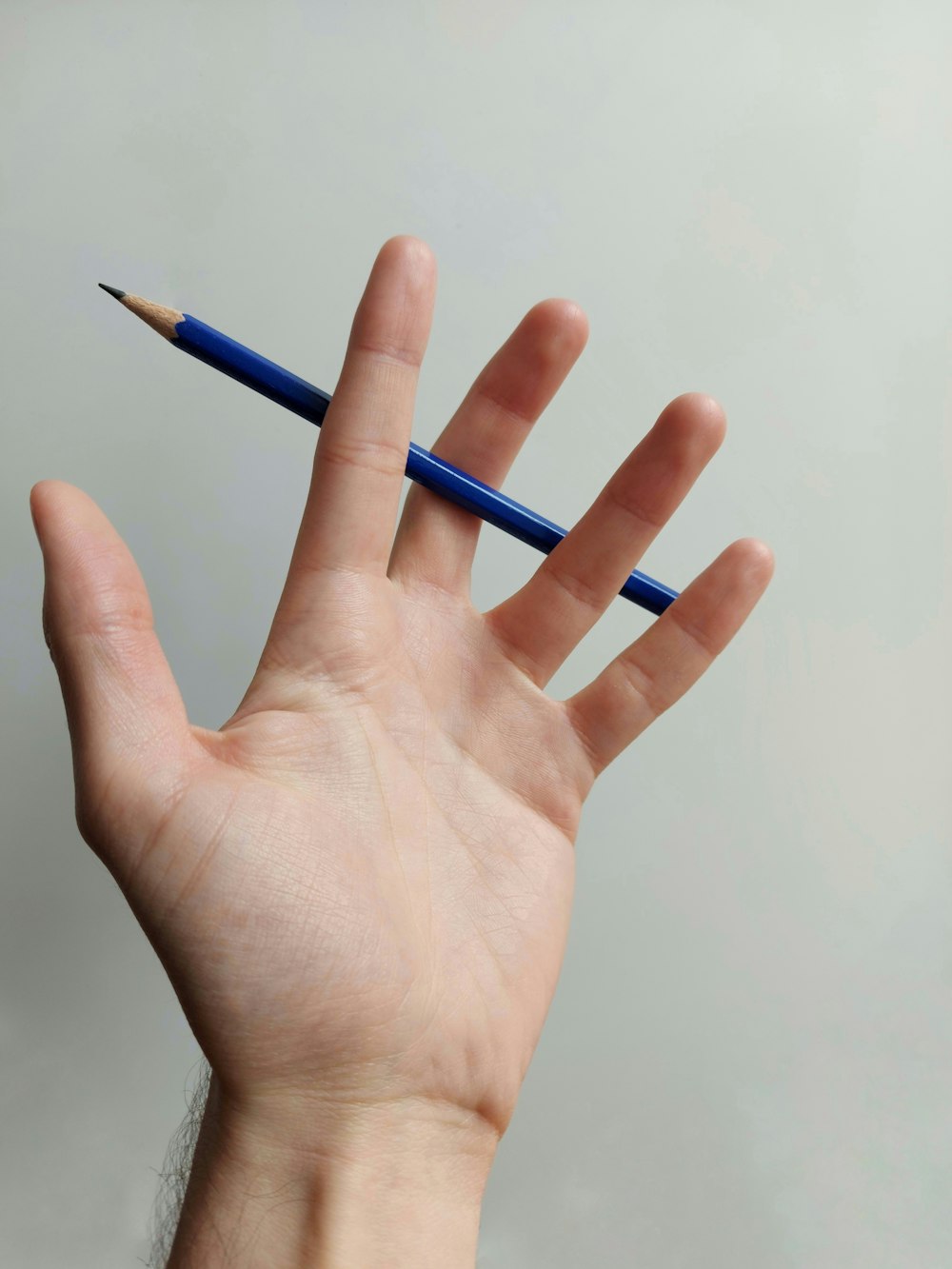 Persona sosteniendo un lápiz azul en la mano izquierda