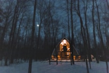 A cozy A-frame cabin situated in a snow-covered forest. The structure is warmly lit from the inside, creating a welcoming glow amidst tall, bare trees. A bright moon can be seen in the night sky, adding to the tranquil atmosphere.