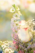 Close-up of an elegant wedding floral arrangement with cream and blush tones.