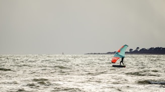 A person is engaged in wing foiling, gliding over the water with a wing and board. The sea is slightly choppy and extends to the horizon, meeting a cloudy sky. In the distance, a tree-lined shoreline is visible under the overcast sky.