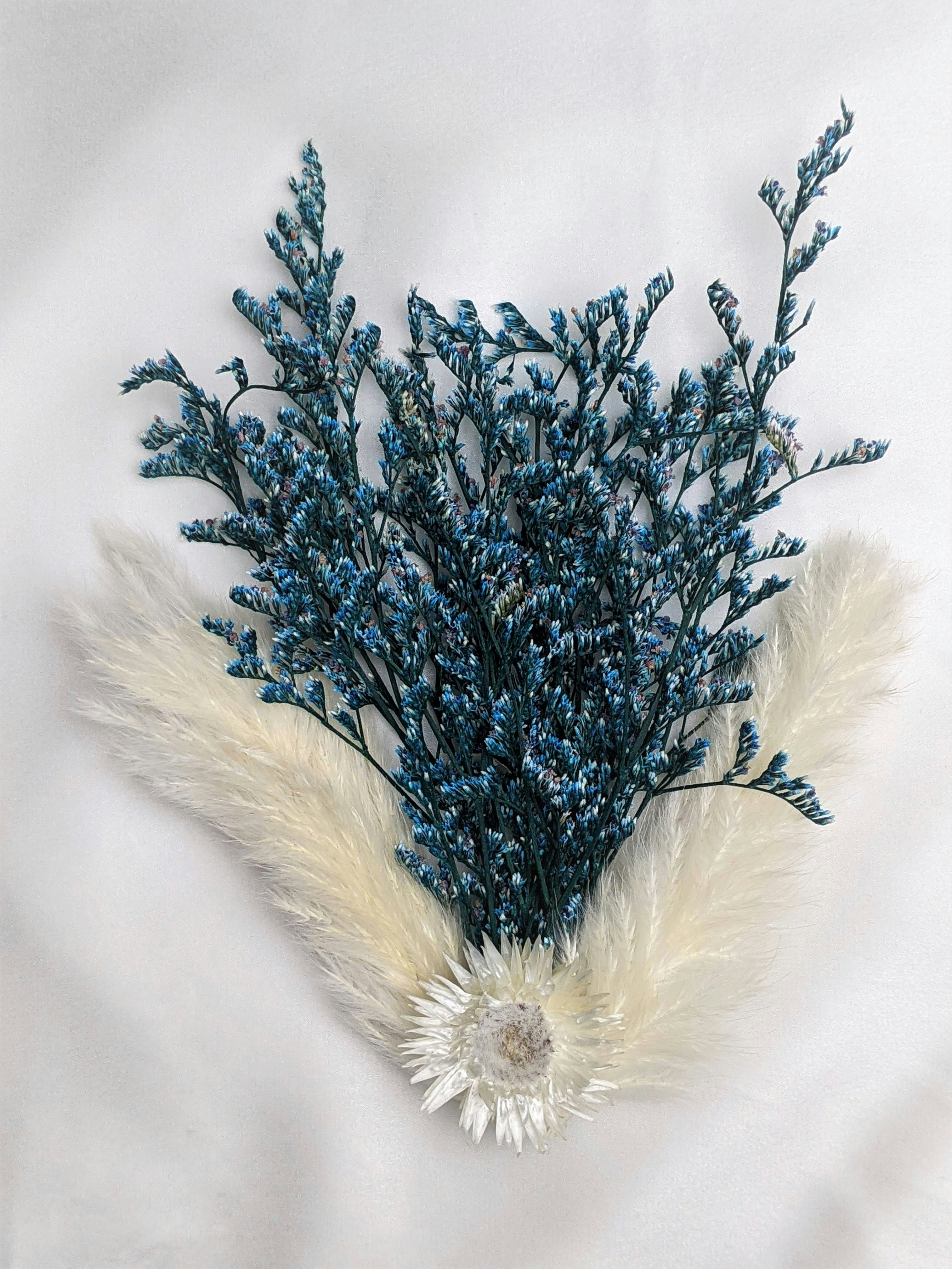 white and black bird on blue and white flowers