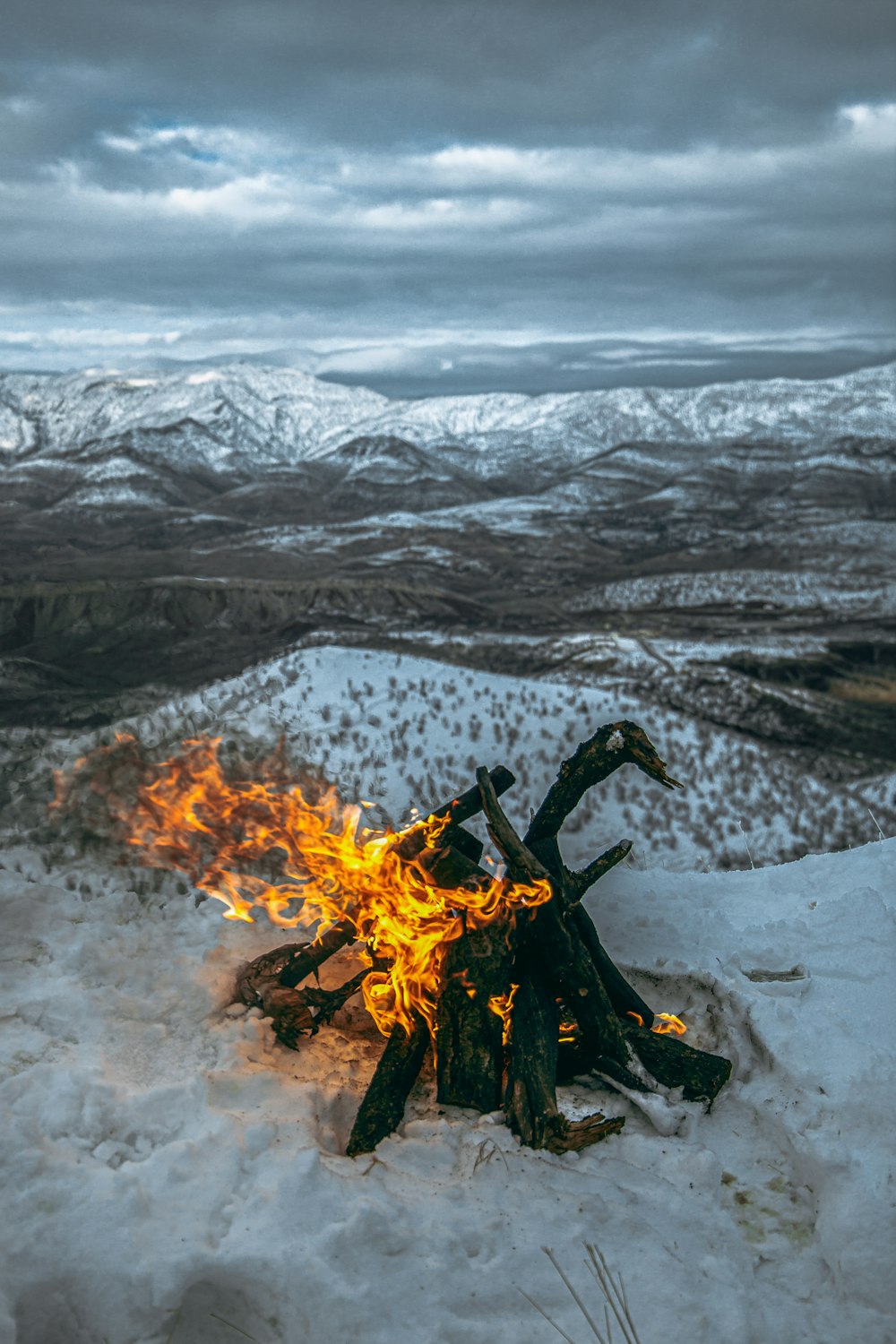 fire on snow covered ground during daytime