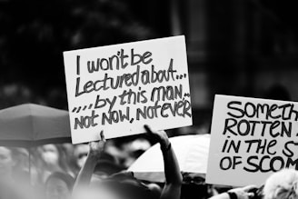 A cartoonish illustration of a frustrated group holding signs that say 'No Ian!'