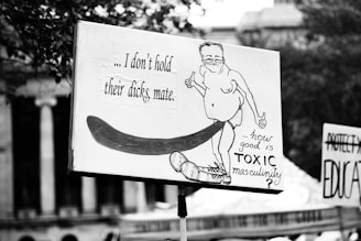 A protest sign with a cartoon drawing of a man holding his hands up, accompanied by the text questioning toxic masculinity. The illustration includes exaggerated features and humorous intent. Other protest signs with text are visible in the background.