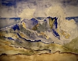 A captivating mixed-media artwork portraying a powerful tsunami wave crashing against the coast.
