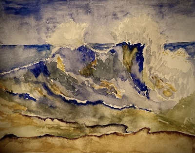 A captivating mixed-media artwork portraying a powerful tsunami wave crashing against the coast.