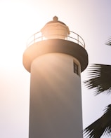 A tall lighthouse is illuminated by bright, warm sunlight from the left, casting a glow around the structure. The lighthouse has a clean, white exterior with a railing around the top. Palm fronds are visible in the foreground to the right.