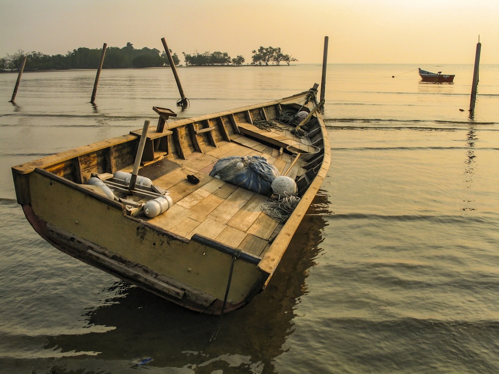 brown and white boat on body of water during daytime