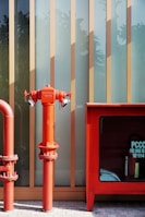 A fire hydrant and a fire hose reel box against a backdrop of large vertical panels. The hydrant is bright red, contrasting with the muted tones of the wall behind. The panels have a semi-transparent design, revealing faint silhouettes of plants. Sunlight casts shadows, adding depth to the scene.
