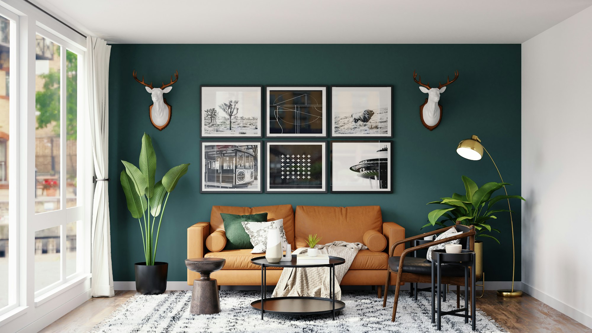 soggiorno moderno con divano marrone e fiori
