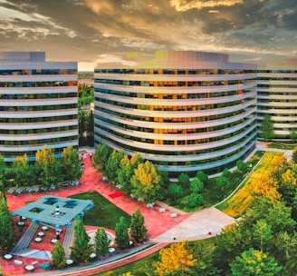 high rise building near green trees under white clouds during daytime