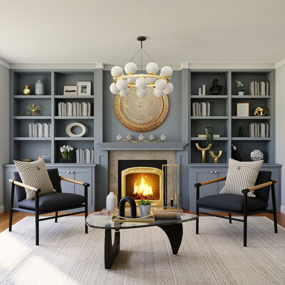 A classic grey rendition of a fireplace