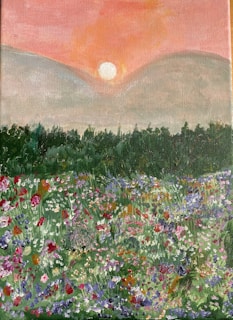 An oil painting by Carin depicting wildflowers in vibrant, earthy tones against a soft sky.