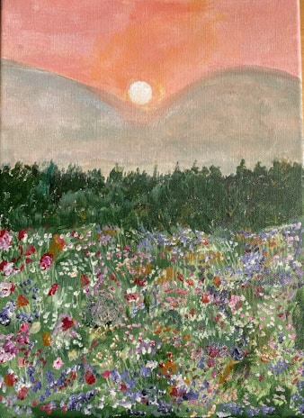 An oil painting by Carin depicting wildflowers in vibrant, earthy tones against a soft sky.
