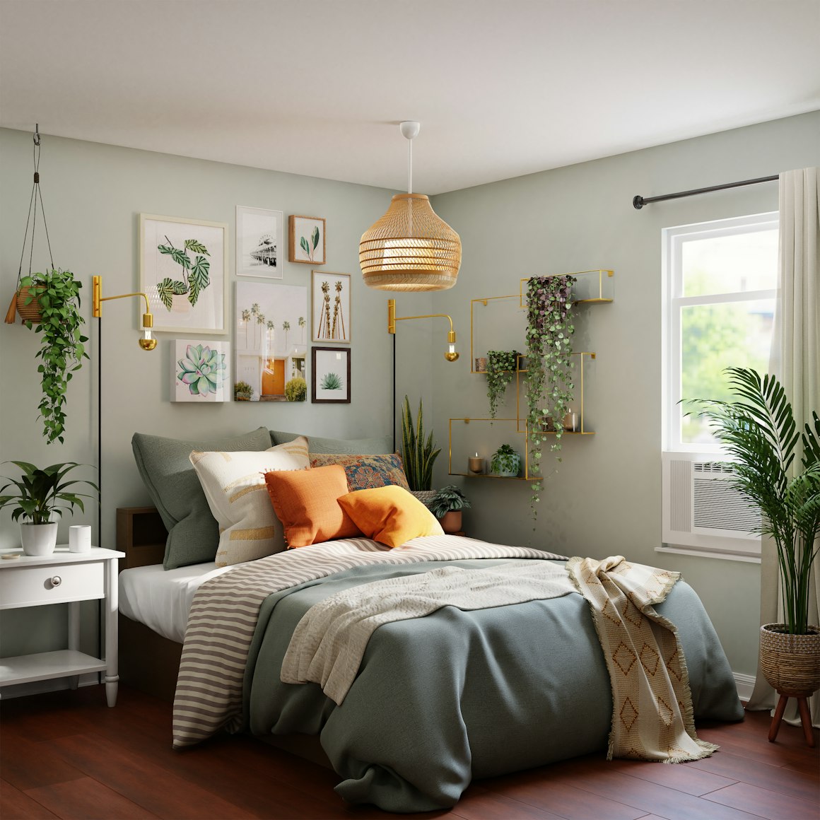 neutral colored bedroom with plants and overhead lighting pendants - photo from Unsplash