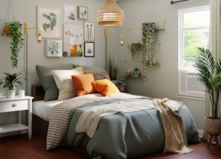 white bed with gray and white bed linen