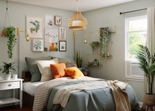 white bed with gray and white bed linen