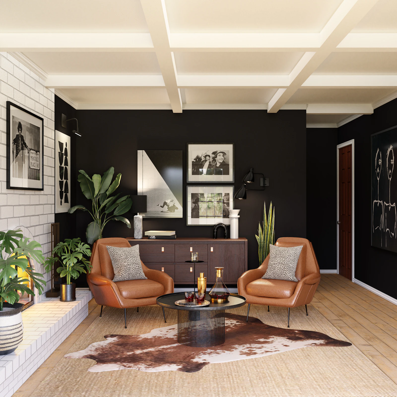 Dark showroom interior with tan leather mid-century armchairs and a walnut credenza