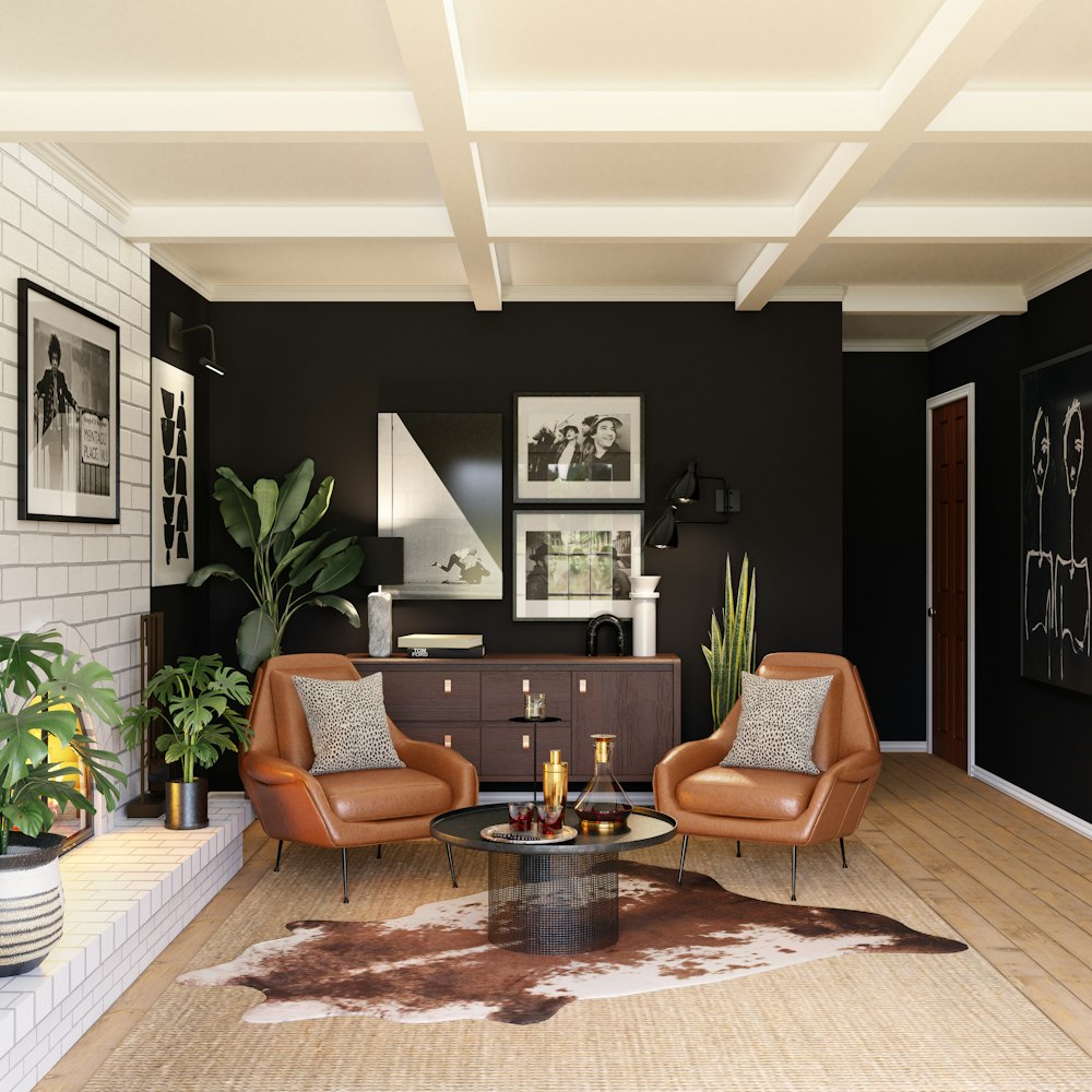 brown wooden round table near green potted plant