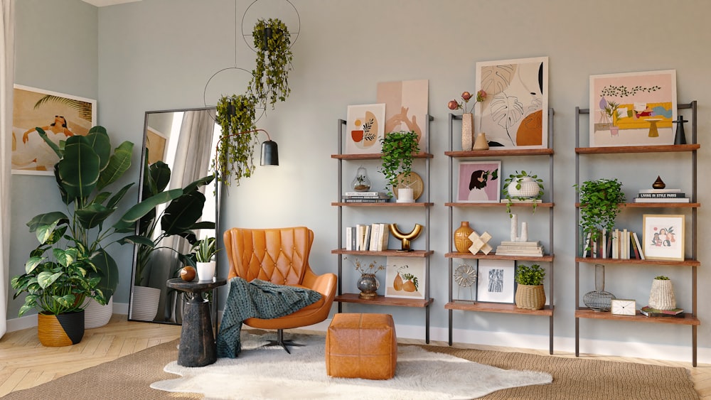 brown and black armchair beside white wooden shelf